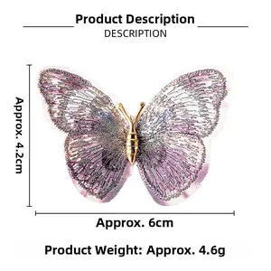 Detailed view of handmade enamel butterfly brooch with fine purple embroidery details