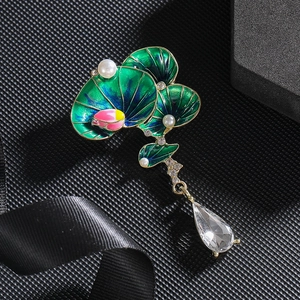 Elegant green lotus leaf brooch with pearls, pink bud and crystal drop pendant