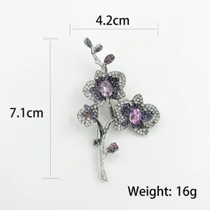 Broche élégante orchidée violette en alliage argenté avec cristaux de zircon 7,1cm
