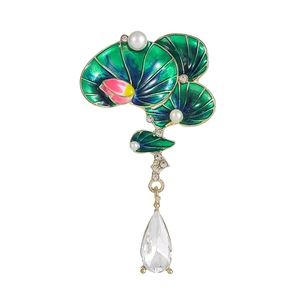 Elegant green lotus leaf brooch with enamel petals, pearls and water-drop crystal pendant