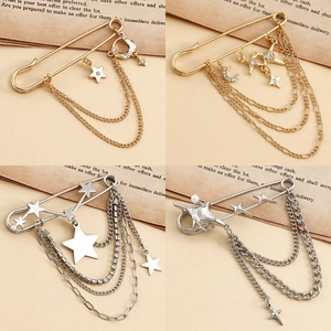 Fashion Alloy Rhinestone Artificial Pearl Star Moon Tassel Brooch Safety Pin Pendant For Women Hip Hop Party Jewelry Gift