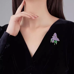 Elegant purple lilac flower brooch with crystal inlay and green enamel leaves for women