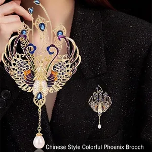 Elegant Chinese style phoenix brooch with colorful enamel, rhinestones and pearl tassel