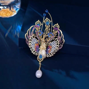 Chinese Style Luxurious Enamel Phoenix Peacock Brooch For Women Alloy Rhinestone Artificial Pearl Tassel Pendant Brooch Pin Jewelry Gift