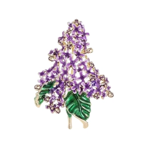 Exquisite purple lilac enamel flower brooch with green leaves and gold finish