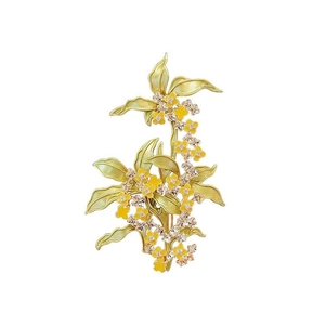 Elegant osmanthus flower brooch with green leaves and yellow enamel on gold metal