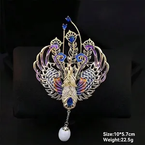 Luxurious Phoenix brooch with blue enamel and teardrop pearl tassel, size 10x5.7cm