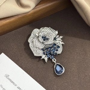 Elegant Alloy Silver Blue Rose Brooch With Rhinestone Crystal Teardrop Pendant Flower Pin For Women Banquet Jewelry Accessory