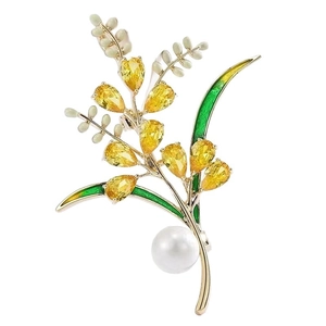 Broche épi de blé élégante avec cristaux de zircon jaune, émail vert et perle blanche