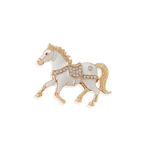 Elegant gold pony brooch with white enamel and sparkling rhinestones for suits