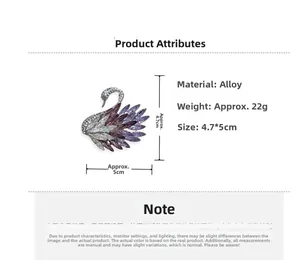 Macro shot of 4.7x5cm crystal swan brooch with gradient purple rhinestones and alloy base