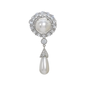Elegant vintage pearl brooch with round and teardrop pearls and sparkling crystal accents