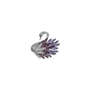 Elegant crystal swan brooch with purple gradient stones and silver plated finish
