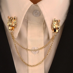 Vintage Alloy Wolf Head Double Chain Collar Pin Brooch For Men Women Suit Shirt Accessories Gold Silver Plated Jewelry