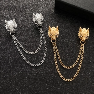 Vintage wolf head brooch with double layer chains in gold and silver finish for suits