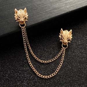 Vintage golden wolf head brooch with double metal chains for men's suit lapels