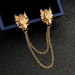 Vintage golden dragon head brooch for men with double chains on dark gift box