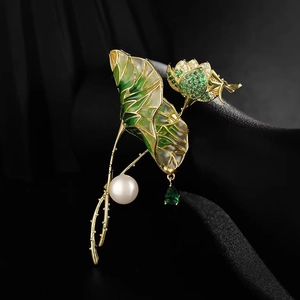Chinese style enamel lotus brooch with pearl and green crystal drop on black silk