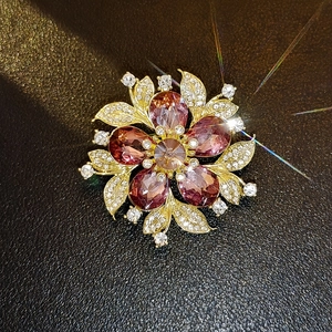 Exquisite crystal flower brooch with purple drop petals and gold micro-pave setting