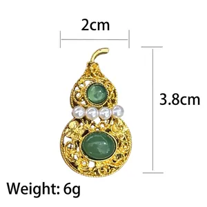 Hollow gold gourd brooch with green gemstones and white pearls for Qipao outfits