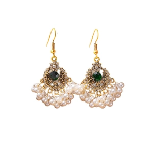 Vintage gold fan-shaped earrings with green stone and pearl tassels on white background