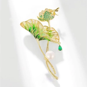 Enamel lotus pond brooch with green dragonfly and white pearl in Chinese style