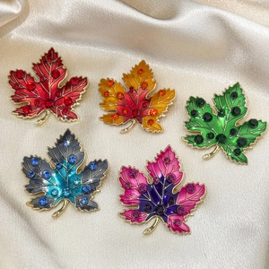 Five pieces set of maple leaf brooches with gradient enamel and rhinestone accents