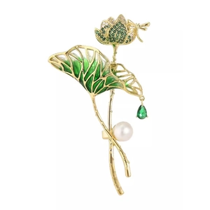 Chinese style enamel lotus brooch with dragonfly, pearl and green crystal detail