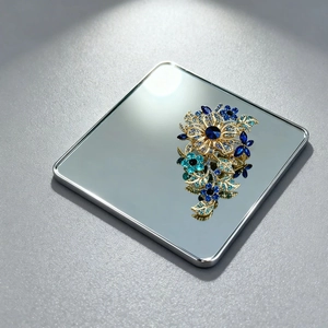 Macro shot of luxury gold-plated flower brooch with blue crystal stones and rhinestones