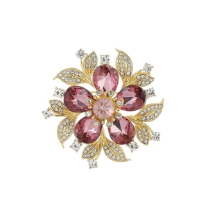 Exquisite flower brooch in gold with pink crystals and white rhinestones for coats