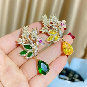 Floral leaf drop earrings with emerald and yellow gemstones and pavé zircon settings