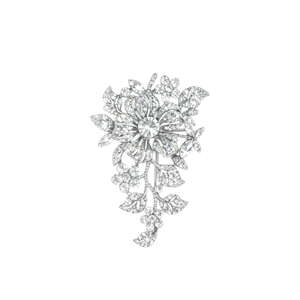 Luxury floral crystal brooch with sparkling rhinestones and silver metal leaf design