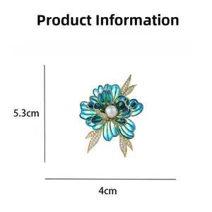 Detailed view of enamel peony brooch with blue-green petals and pearl center, 5.3cm height