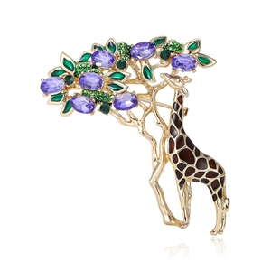 Exquisite giraffe brooch with purple gemstones and green enamel on golden setting