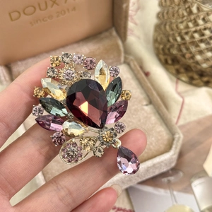 Elegant vintage royal brooch with purple water drop crystal and multi-color rhinestones