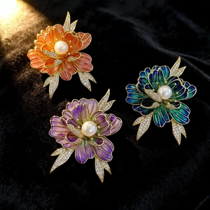 Vintage Enamel Peony Flower Brooch For Women Alloy Artificial Pearl Rhinestone Retro Chinese Style Floral Breastpin Suit Pin Jewelry