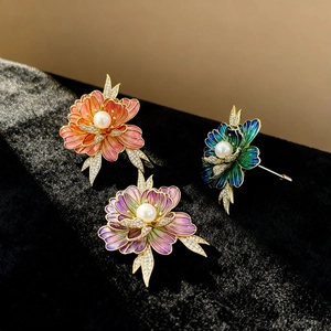 Vintage enamel peony flower brooch with pearls and crystals in three elegant colors