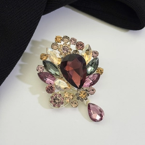 Elegant vintage royal style brooch with purple crystal drop and colorful gemstones