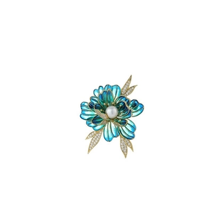 Vintage enamel peony flower brooch with blue gradient petals and centered pearl accent