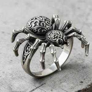 Gothic spider ring in vintage silver alloy with intricate tribal relief and black eyes