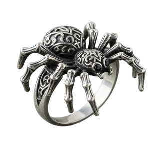 Gothic vintage silver spider ring with detailed engraving and black gem eyes on white background