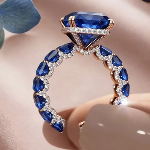 Elegante anillo abierto en oro rosa con gran zafiro de talla esmeralda y diamantes finos