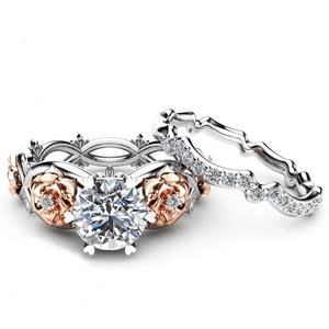 Vintage Roos Bloemen Zirkonia Hoofdring En Golfband Duo Vergulde Legering Stapelbare Ringen Voor Vrouwen Verloving Bruiloft Sieraden