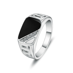 Classic silver men's ring with black trapezoid enamel and clear zircon stones in 45-degree view