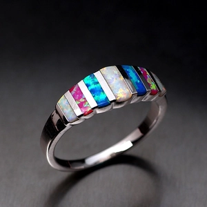 Alloy Band Ring With Colorful Synthetic Opal Inlay Channel Setting Fashion Elegant Accessory For Women