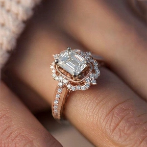 Emerald Cut Zircon Ring Alloy Vintage Halo Engagement Wedding Jewelry For Women Rose Gold Tone High Shine