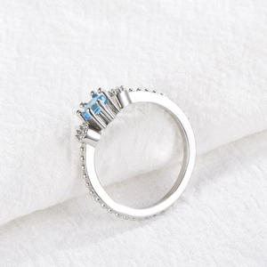 Elegant 925 silver plated ring with light blue square stone and white crystals inlay