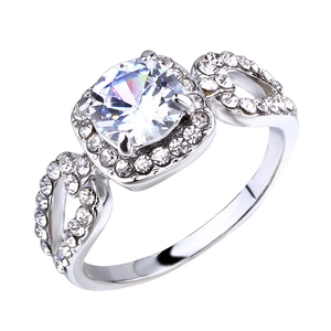 Bague élégante plaquée or blanc avec gemme ronde et monture en halo carré