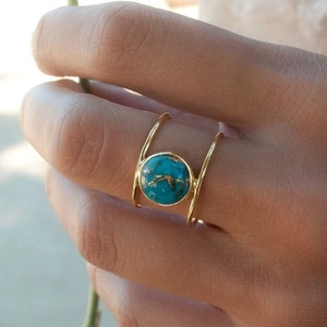 Minimalist Zinc Alloy Turquoise Color Round Artificial Pearl Double Layer Open Ring For Women Electroplated Geometric Band Ring Hand Jewelry