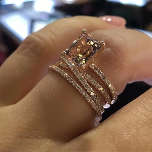 Elegant 14k rose gold plated square champagne crystal ring set with pavé diamonds